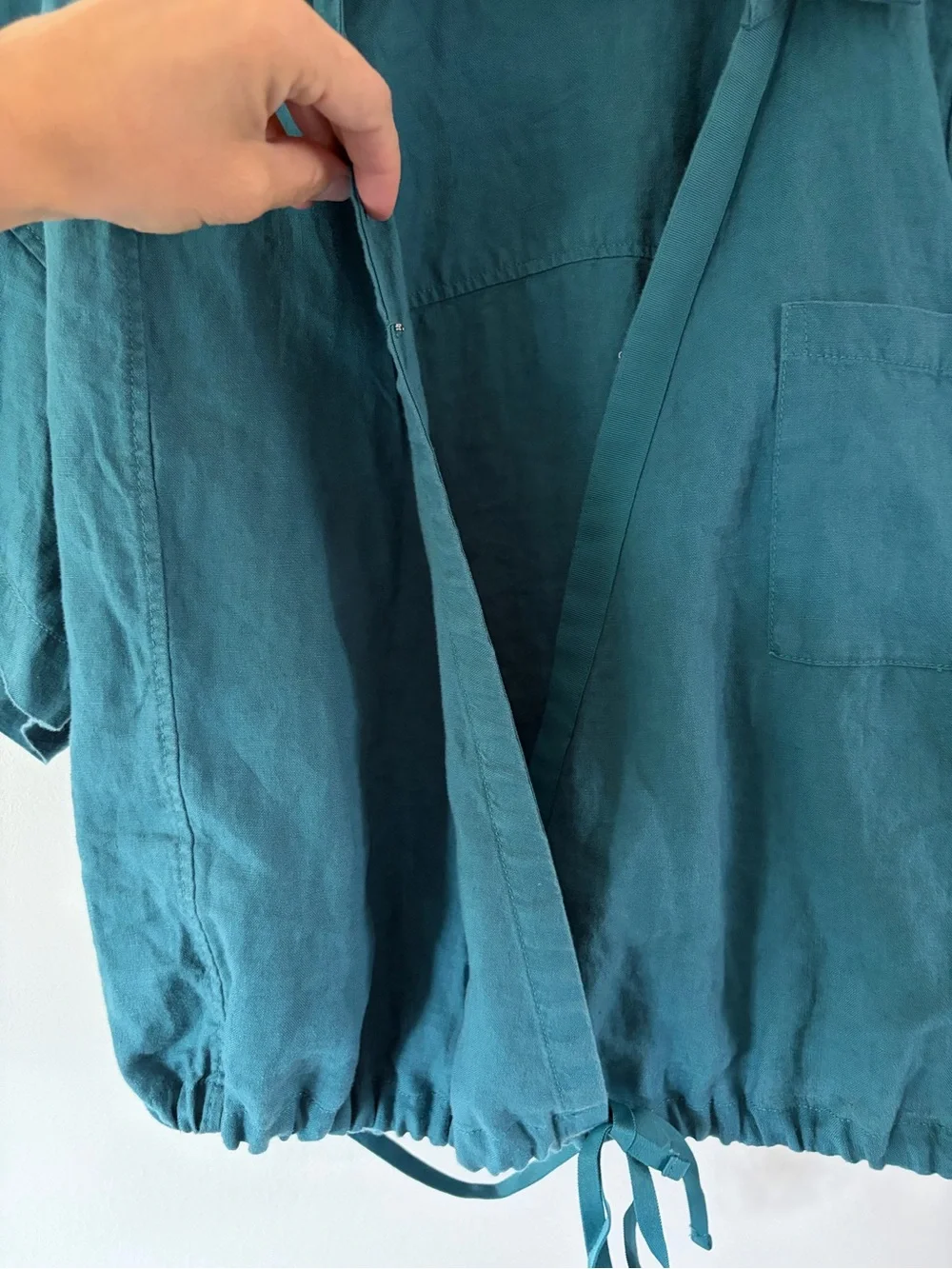 Athleta Playa Linen Tie True Wrap Short Sleeve Top In Borealis Green Size Large - Picture 8 of 14